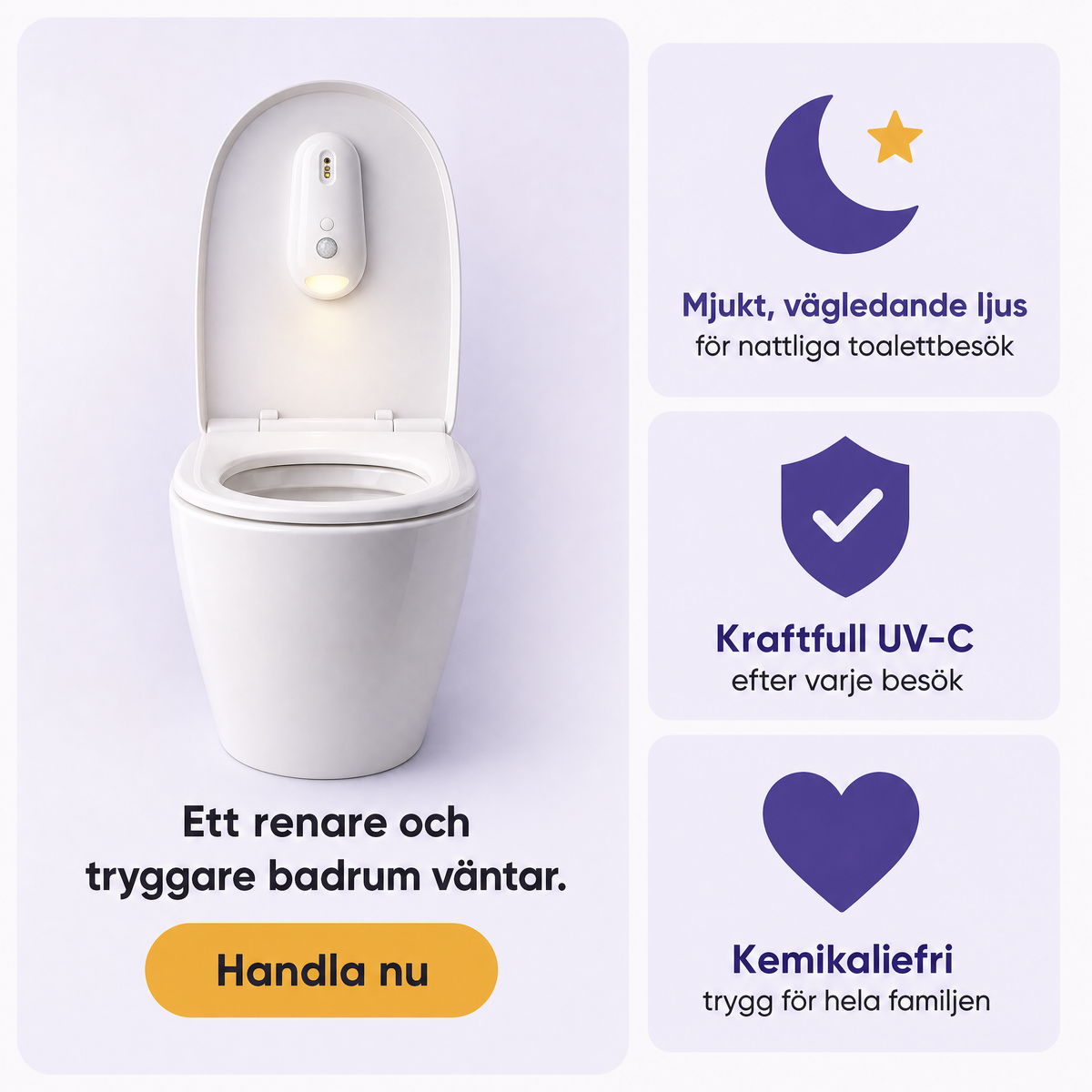 Toalettlampa 2-i-1: nattljus & UV-C-hygien