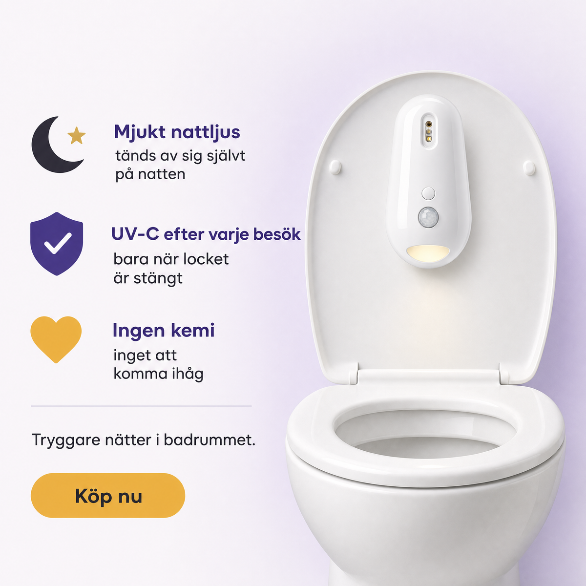 Toalettlampa 2-i-1: nattljus & UV-C-hygien